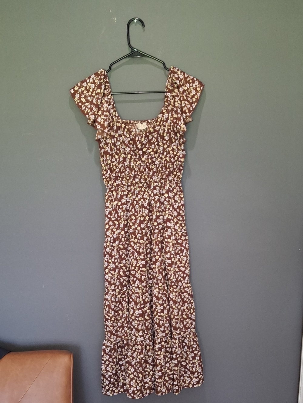 Brown Floral Ruffle-Sleeve Midi Dress